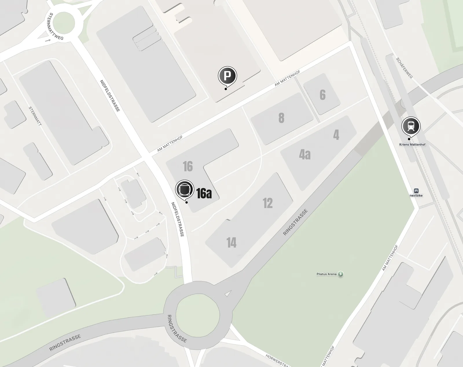 Anfahrtsplan studiomatt — Am Mattenhof 16a, 6010 Kriens, mit Parkhaus, Haltestelle und Büro